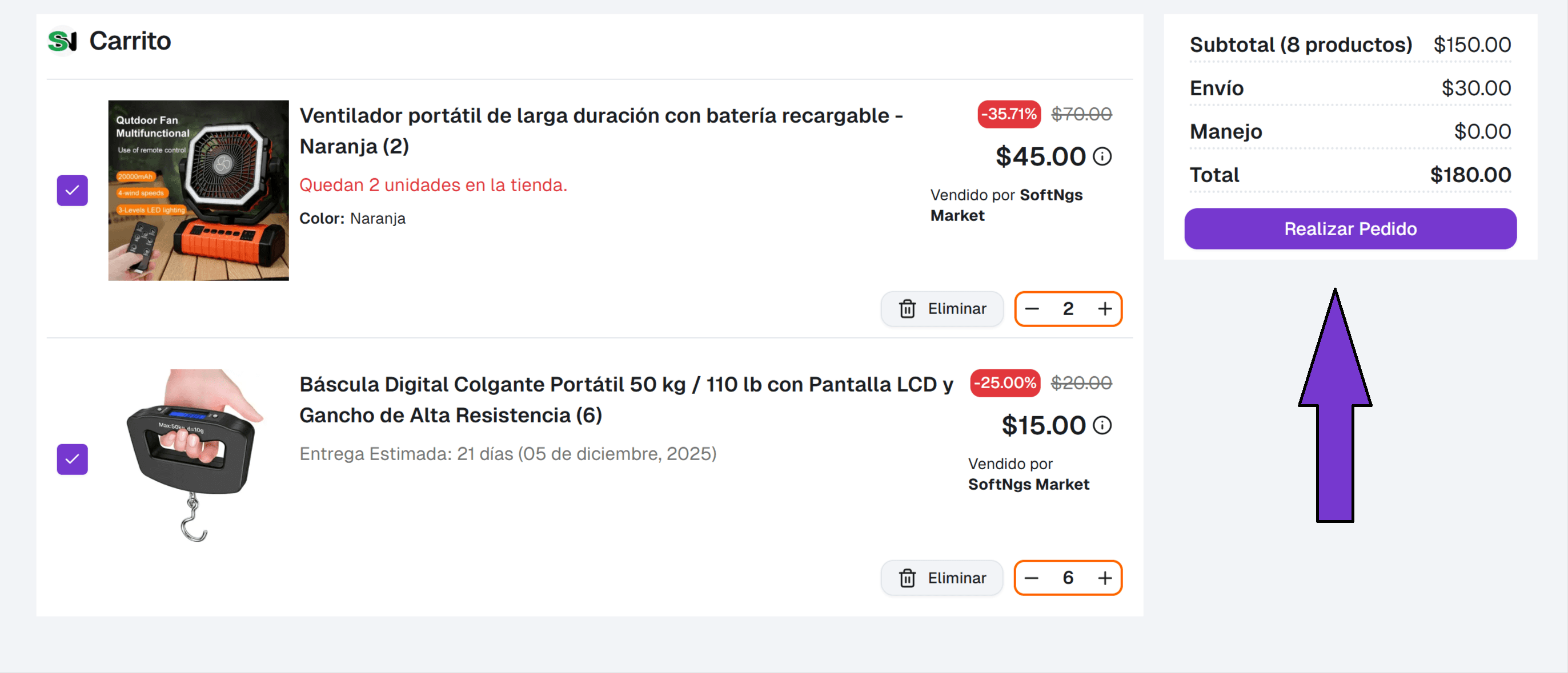 Pantalla de revisión del carrito