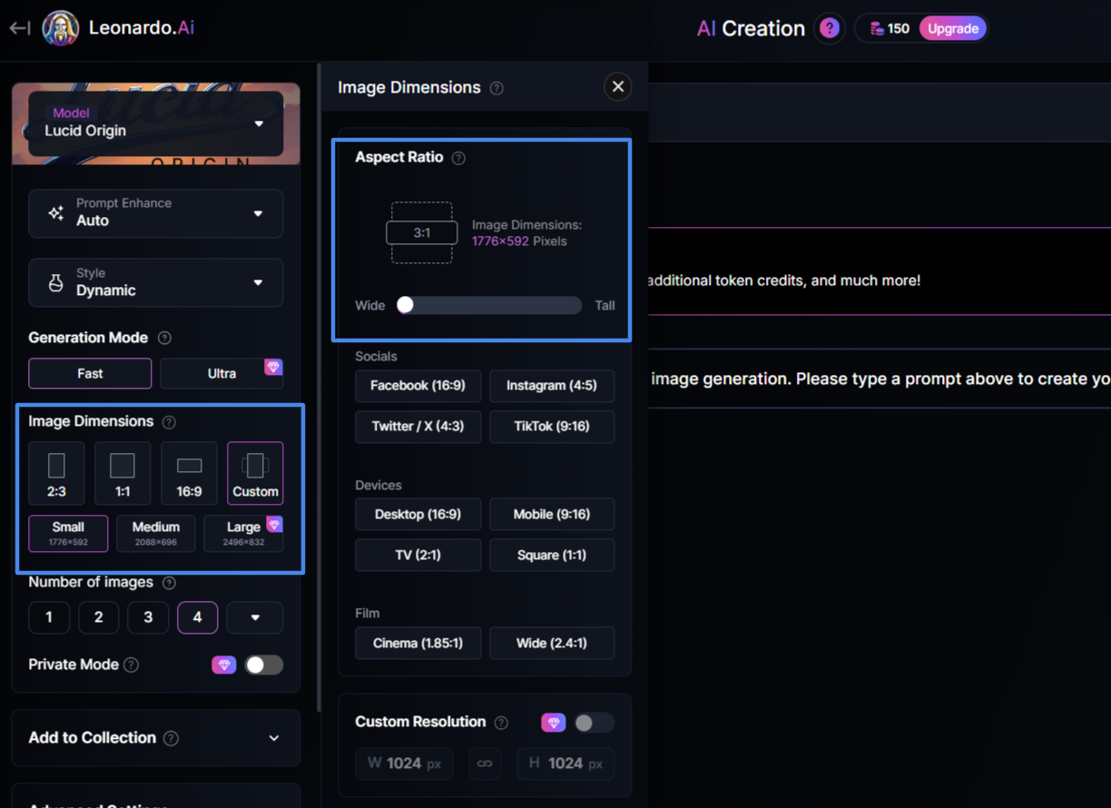 Configuración de dimensiones panorámicas en Leonardo AI