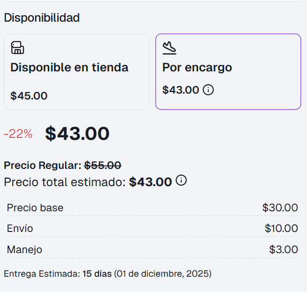 Ejemplo de la sección de disponibilidad en un producto